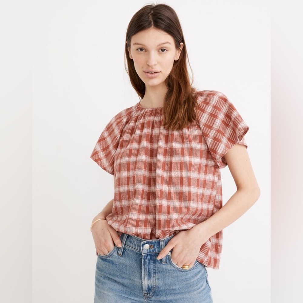 Madewell Plaid Gauze Flutter-Sleeve Top | Size S
